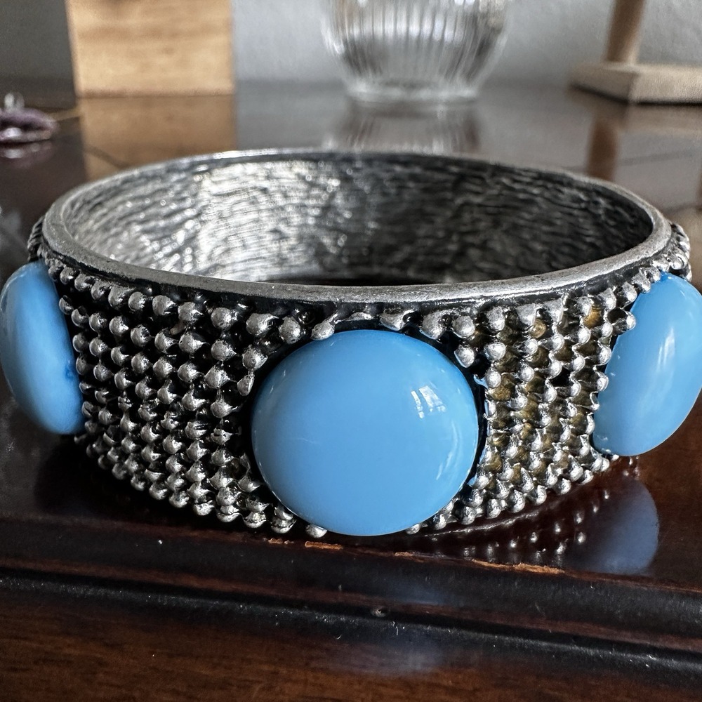 VTG Statement Bangle Bracelet Size 7.5 Blue Cabochon Chunky 925 Sterling 70.3g
